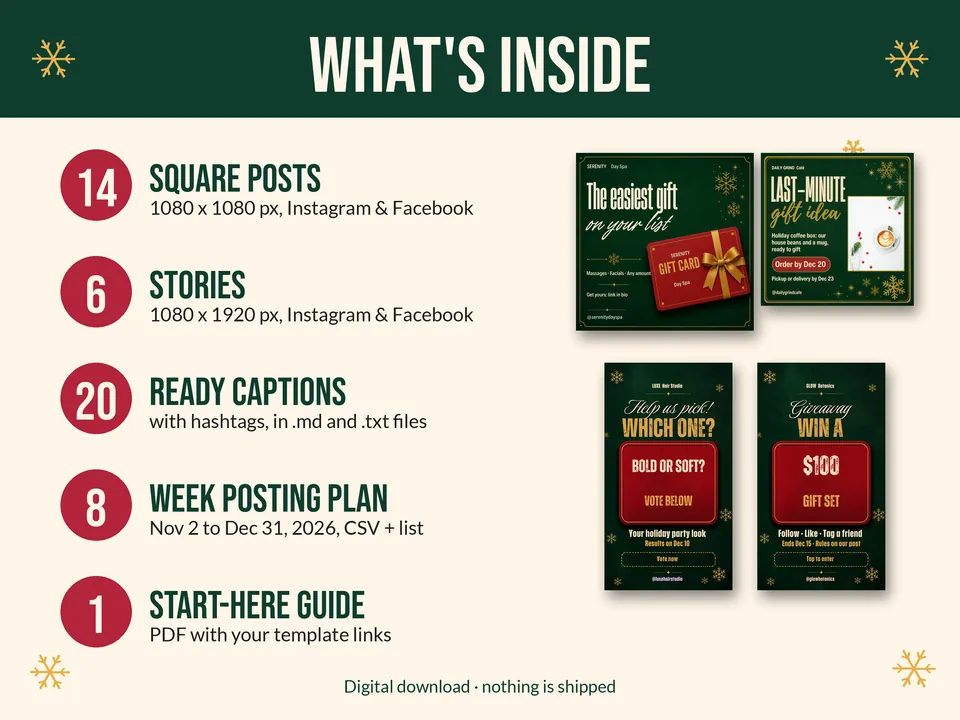 What's inside: 14 posts, 6 stories, 20 captions, 8-week plan and a start-here guide